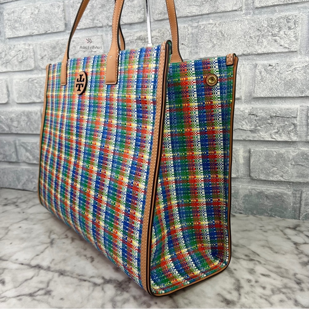 Tory Burch Ella Poly Woven Nylon Large Tote In Tory Navy Multi - Picture 3 of 11